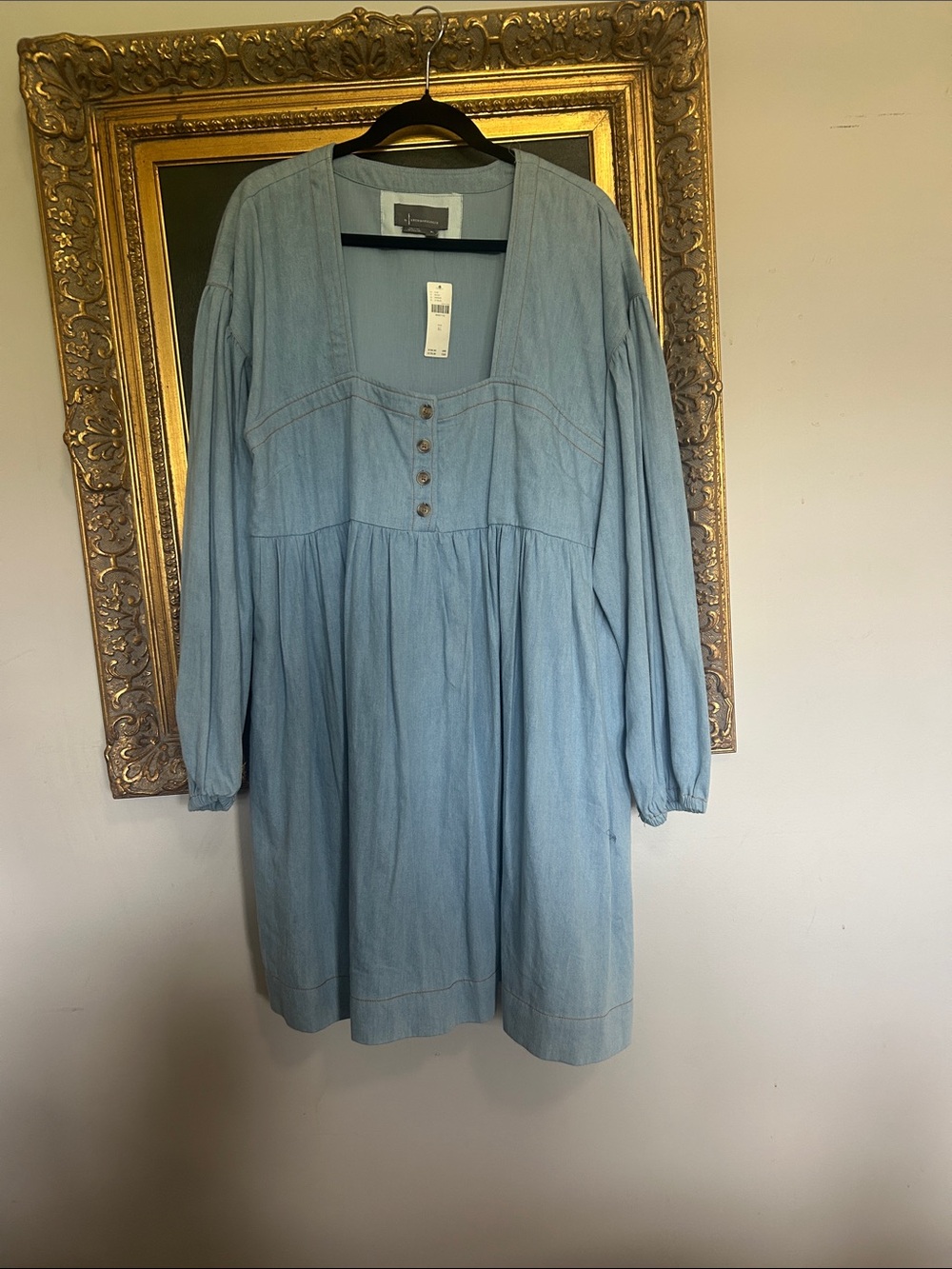 By Anthropologie Long-Sleeve Square-Neck Denim Babydoll Mini Dress XL